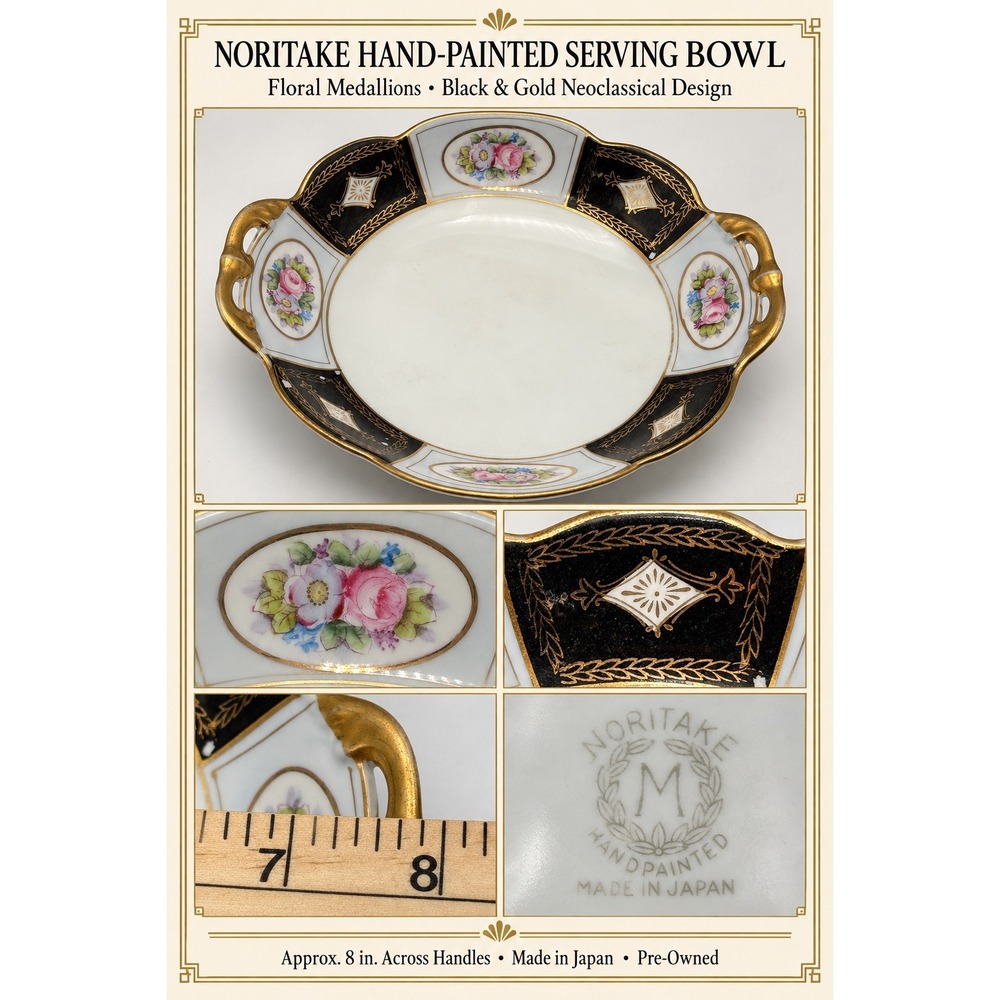 Noritake Hand Painted Serving Bowl Black Gold Floral Neoclassical Japan 8in